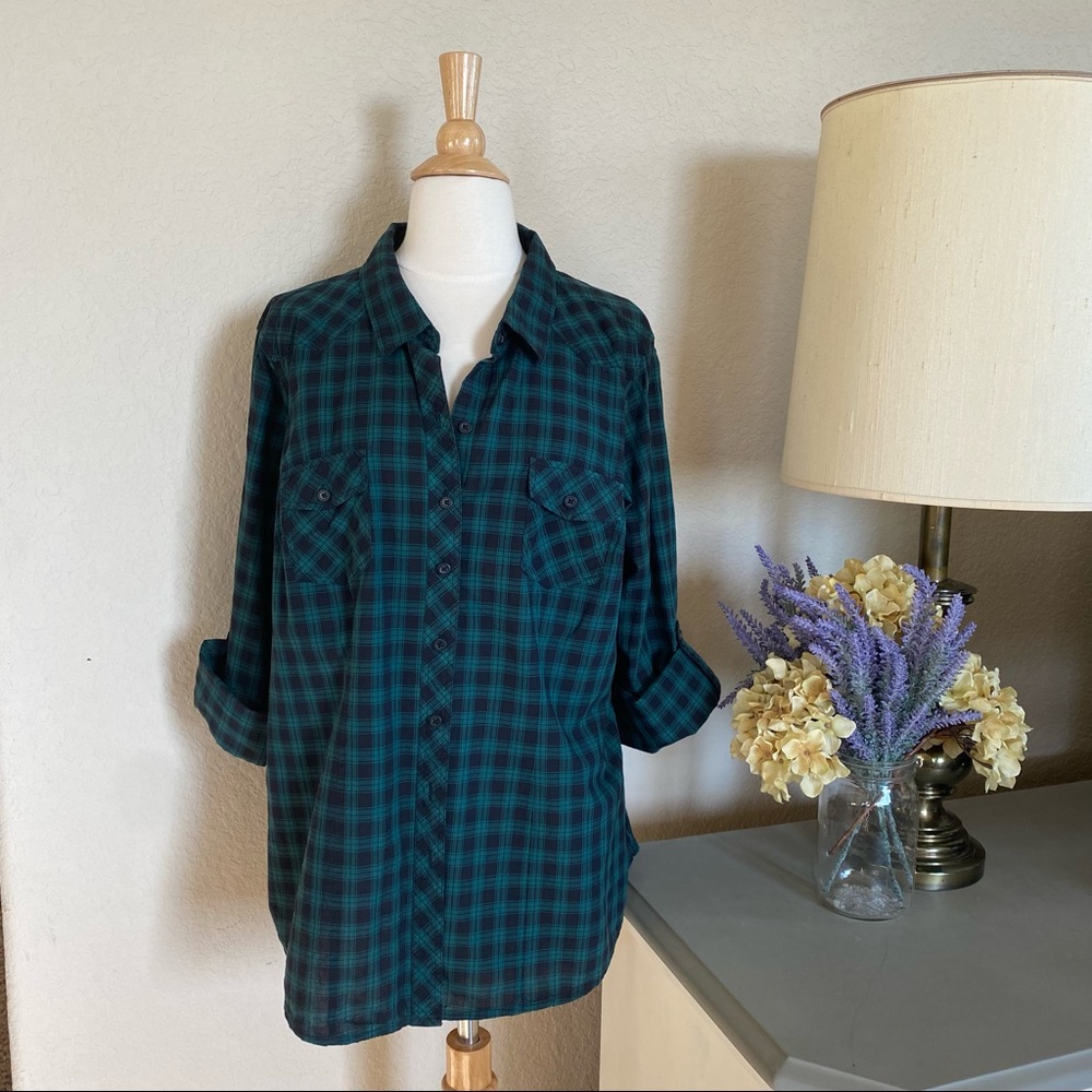 TORRID plaid button down with roll tab sleeves